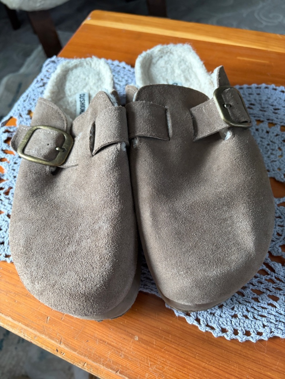 Comfortable Women's Taupe Suede Platform Clog with Buckle